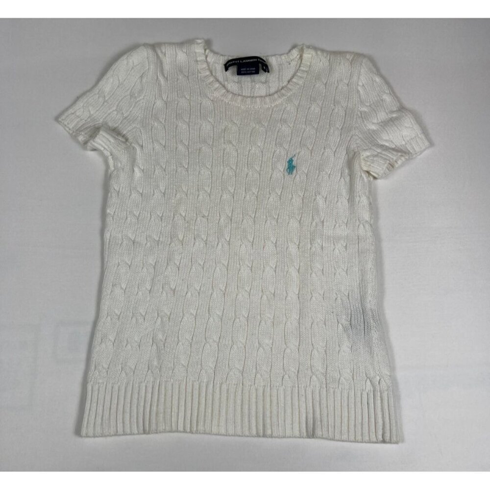 Ralph Lauren Sport Girls Small White Cable Knit Short Sleeve Sweater